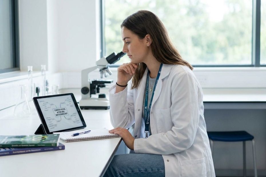 Young biotechnology graduate reviewing career options after graduation in a modern laboratory setting